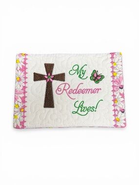 Hand Crafted Mug Rug Coaster Embroidered Cotton My Redeemer Lives Pink White